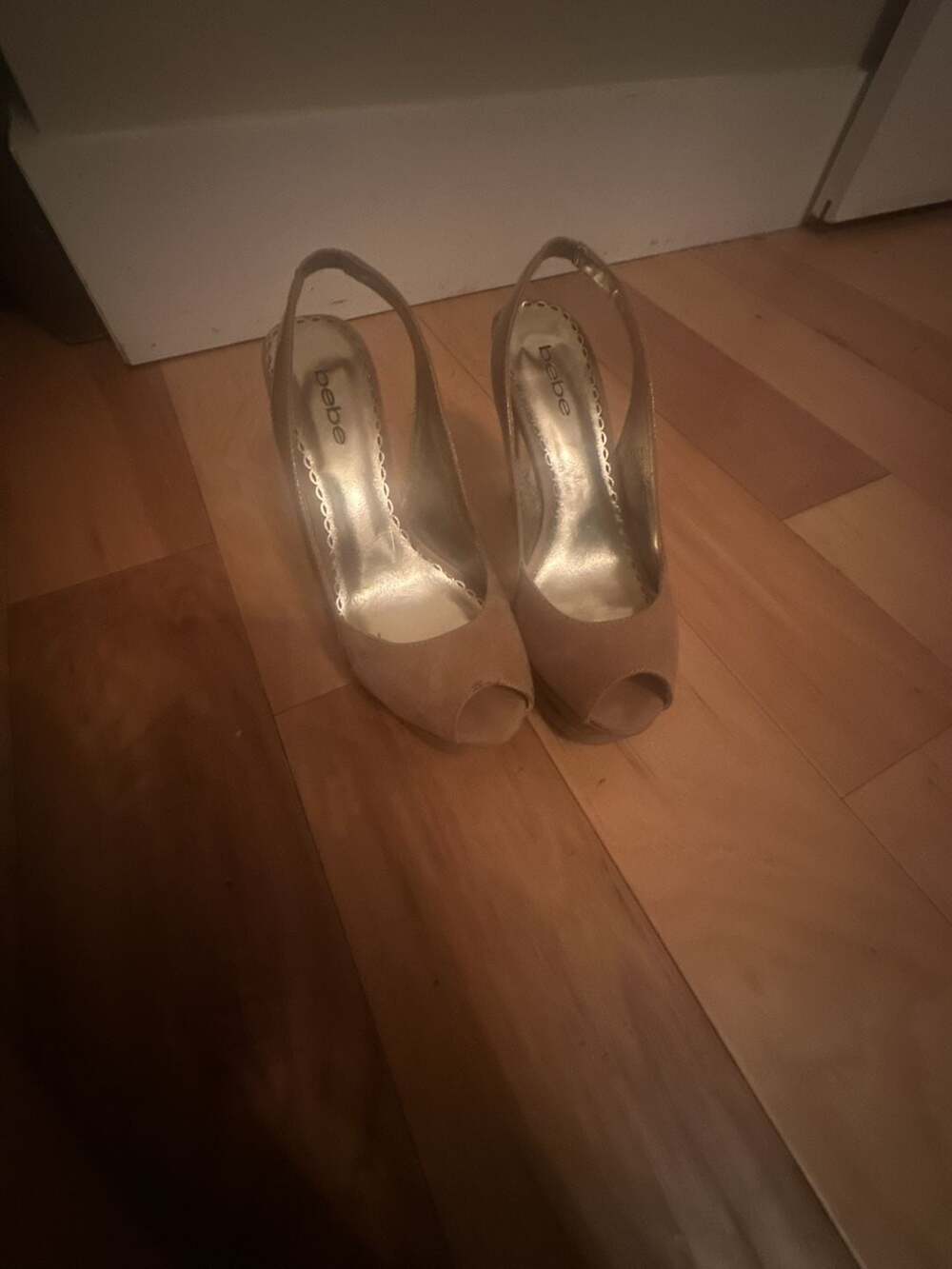Bebe Zahara Nude Suede Peep Toe Slingback Platform Heels Size 7